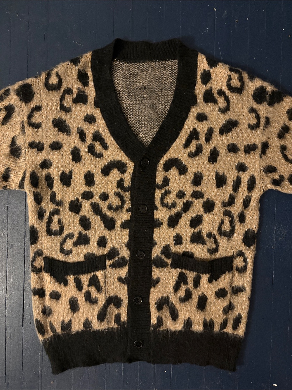 Leopard Print Button-Front Cardigan Sweater - Black and Tan